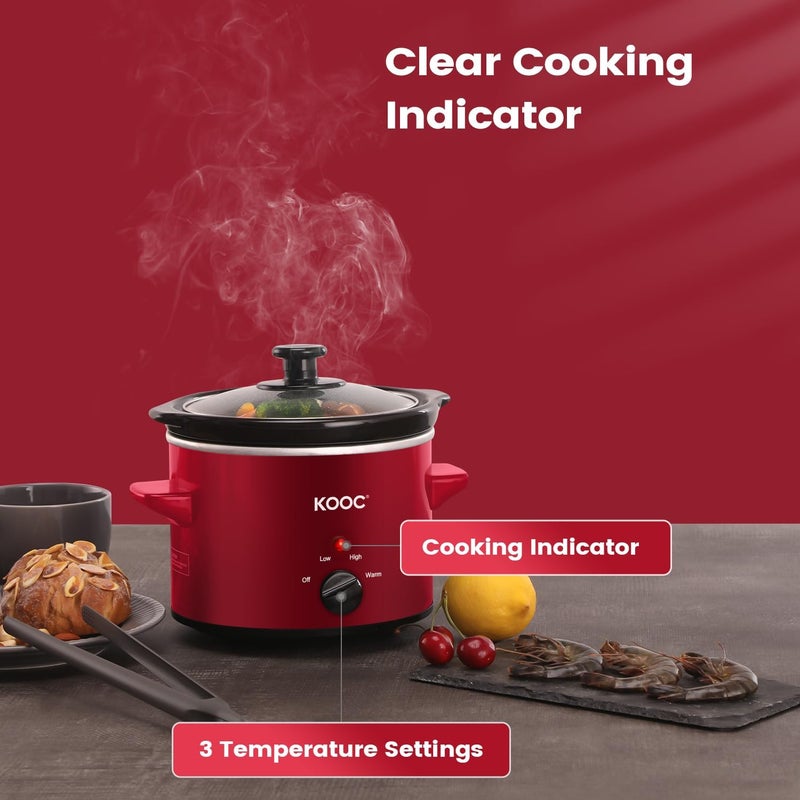 KOOC Small Slow Cooker, 2 Quart, Free Liners Included for Easy Clean-up, Upgraded Ceramic Pot, Adjustable Temp, Nutrient Loss Reduction, Stainless Steel, Red, Round - Image 5